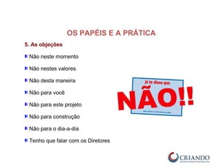 5. As objeções
Não neste momento
Não nestes valores
Não desta maneira
Não para você
Não para este projeto
Não para construção
Não para o dia-a-dia
Tenho que falar com os Diretores
OS PAPÉIS E A PRÁTICA
 