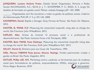 JUNQUEIRA, Luciano Antônio Prates. Gestão Social: Organização, Parceria e Redes
Sociais IN:CANÇADO, A.C.; SILVA Jr, J. T.; SCHOMMER, P. C.; RIGO, A. S. (orgs) Os
desafios da formação em gestão social. Palmas: coleção Enapegs p.87 -103. 2008.
______. Organizações sem fins lucrativos e redes na gestão de políticas sociais, Caderno
de Administração PUC-SP, nº 3, p 101-126. 2000.
KAHNEMAN, Daniel. Rápido e Devagar: Duas Formas de Pensar. São Paulo: Ed. Objetiva,
2012.
KANTER, B.; PAINE, K.D. Measuring the networked nonprofit: using data to change the
world. São Francisco: John Wiley&Sons, 2012.
KAPLAN, Allan. Artista do Invisível: O processo social e o profissional de
desenvolvimento. São Paulo: Instituto Fonte e Ed. Peirópolis, 2002.
KANTER, Beth; PAINE, Katie Delahaye. Measuring the networked nonprofit: Using data
to change the world. São Francisco, EUA: John Wiley&Sons INC, 2012.
KELLEY, Daniel Q. Dinheiro para sua Causa. Ed. TextoNovo, 1994.
KISIL, Marcos; FABIANI Paula Jancso; Alvarez, Rodrigo. Fundos patrimoniais: criação e
gestão no Brasil. São Paulo: Zeppelini, 2012.
KOTLER, Phillip; LEE, N.R. Marketing contra a pobreza: as ferramentas para da mudança
social para formuladores de políticas, empreendedores, ONGs, empresas e governos.
Porto Alegre: Bookman, 2010.
 