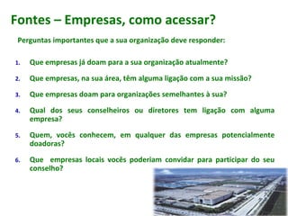 1. Que empresas já doam para a sua organização atualmente?
2. Que empresas, na sua área, têm alguma ligação com a sua missão?
3. Que empresas doam para organizações semelhantes à sua?
4. Qual dos seus conselheiros ou diretores tem ligação com alguma
empresa?
5. Quem, vocês conhecem, em qualquer das empresas potencialmente
doadoras?
6. Que empresas locais vocês poderiam convidar para participar do seu
conselho?
Perguntas importantes que a sua organização deve responder:
Fontes – Empresas, como acessar?
 