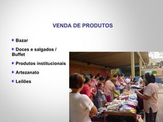 Bazar
Doces e salgados /
Buffet
Produtos institucionais
Artezanato
Leilões
VENDA DE PRODUTOS
 