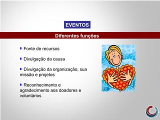 Fonte de recursos
Divulgação da causa
Divulgação da organização, sua
missão e projetos
Reconhecimento e
agradecimento aos doadores e
voluntários
Diferentes funções
EVENTOS
 