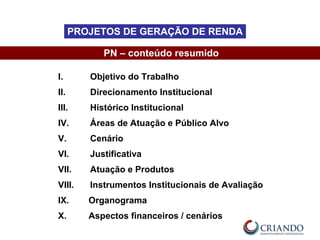 I. Objetivo do Trabalho
II. Direcionamento Institucional
III. Histórico Institucional
IV. Áreas de Atuação e Público Alvo
V. Cenário
VI. Justificativa
VII. Atuação e Produtos
VIII. Instrumentos Institucionais de Avaliação
IX. Organograma
X. Aspectos financeiros / cenários
PN – conteúdo resumido
PROJETOS DE GERAÇÃO DE RENDA
 