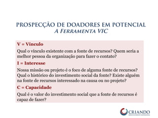 V = Vínculo
Qual o vínculo existente com a fonte de recursos? Quem seria a
melhor pessoa da organização para fazer o contato?
I = Interesse
Nossa missão ou projeto é o foco de alguma fonte de recursos?
Qual o histórico do investimento social da fonte? Existe alguém
na fonte de recursos interessado na causa ou no projeto?
C = Capacidade
Qual é o valor do investimento social que a fonte de recursos é
capaz de fazer?
PROSPECÇÃO DE DOADORES EM POTENCIAL
A Ferramenta VIC
 