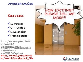 APRESENTAÇÕES
Cara a cara:
 15 minutos
 O PITCH de 5
 Elevator pitch
 Frase de efeito
http://www.youtube.co
m/watch?v=ylprbcJ_FRs
http://www.youtube.c
om/watch?
v=OW2FsCqVtpA
http://www.youtube.co
m/watch?
v=7rdcRW3jGlg
 