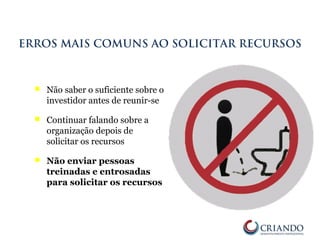  Não saber o suficiente sobre o
investidor antes de reunir-se
 Continuar falando sobre a
organização depois de
solicitar os recursos
 Não enviar pessoas
treinadas e entrosadas
para solicitar os recursos
ERROS MAIS COMUNS AO SOLICITAR RECURSOS
 