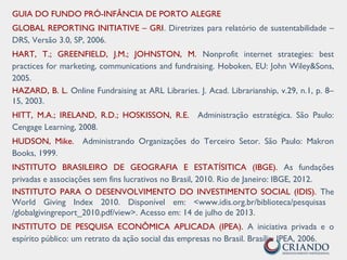 GUIA DO FUNDO PRÓ-INFÂNCIA DE PORTO ALEGRE
GLOBAL REPORTING INITIATIVE – GRI. Diretrizes para relatório de sustentabilidade –
DRS, Versão 3.0, SP, 2006.
HART, T.; GREENFIELD, J.M.; JOHNSTON, M. Nonprofit internet strategies: best
practices for marketing, communications and fundraising. Hoboken, EU: John Wiley&Sons,
2005.
HAZARD, B. L. Online Fundraising at ARL Libraries. J. Acad. Librarianship, v.29, n.1, p. 8–
15, 2003.
HITT, M.A.; IRELAND, R.D.; HOSKISSON, R.E. Administração estratégica. São Paulo:
Cengage Learning, 2008.
HUDSON, Mike. Administrando Organizações do Terceiro Setor. São Paulo: Makron
Books, 1999.
INSTITUTO BRASILEIRO DE GEOGRAFIA E ESTATÍSITICA (IBGE). As fundações
privadas e associações sem fins lucrativos no Brasil, 2010. Rio de Janeiro: IBGE, 2012.
INSTITUTO PARA O DESENVOLVIMENTO DO INVESTIMENTO SOCIAL (IDIS). The
World Giving Index 2010. Disponível em: <www.idis.org.br/biblioteca/pesquisas
/globalgivingreport_2010.pdf/view>. Acesso em: 14 de julho de 2013.
INSTITUTO DE PESQUISA ECONÔMICA APLICADA (IPEA). A iniciativa privada e o
espírito público: um retrato da ação social das empresas no Brasil. Brasília: IPEA, 2006.
 