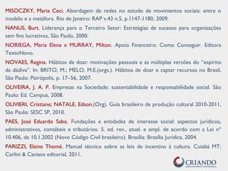 MISOCZKY, Maria Ceci. Abordagem de redes no estudo de movimentos sociais: entre o
modelo e a metáfora. Rio de Janeiro: RAP v.43 n.5, p.1147-1180, 2009.
NANUS, Burt. Liderança para o Terceiro Setor: Estratégias de sucesso para organizações
sem fins lucrativos, São Paulo, 2000.
NORIEGA, Maria Elena e MURRAY, Milton. Apoio Financeiro: Como Conseguir. Editora
TextoNovo.
NOVAES, Regina. Hábitos de doar: motivações pessoais e as múltiplas versões do “espírito
da dádiva”. In: BRITO, M.; MELO, M.E.(orgs.). Hábitos de doar e captar recursos no Brasil,
São Paulo: Peirópolis, p. 17–56, 2007.
OLIVEIRA, J. A. P. Empresas na Sociedade: sustentabilidade e responsabilidade social. São
Paulo: Ed. Campus, 2008.
OLIVIERI, Cristiane; NATALE, Edson.(Org). Guia brasileiro de produção cultural 2010-2011,
São Paulo: SESC SP, 2010.
PAES, José Eduardo Sabo. Fundações e entidades de interesse social: aspectos jurídicos,
administrativos, contábeis e tributários. 5. ed. rev., atual. e ampl. de acordo com a Lei nº
10.406, de 10.1.2002 (Novo Código Civil brasileiro). Brasília: Brasília Jurídica, 2004.
PARIZZI, Elaine Thomé. Manual técnico sobre as leis de incentivo à cultura. Cuiabá MT:
Carlini & Caniato editorial, 2011.
 
