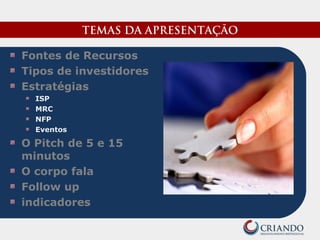 TEMAS DA APRESENTAÇÃO
Fontes de Recursos
Tipos de investidores
Estratégias
ISP
MRC
NFP
Eventos
O Pitch de 5 e 15
minutos
O corpo fala
Follow up
indicadores
 