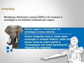 ESTRATÉGIA
Mintzberg; Ahlstrand; Lampel (2000 p.13) compara a
estratégia a um elefante analisado por cegos:
Somos cegos e a formulação de
estratégia é nosso elefante.
Como ninguém teve a visão para
enxergar o animal inteiro, cada um
tocou uma ou outra parte e
“prosseguiu em total ignorância” a
respeito do restante.
 