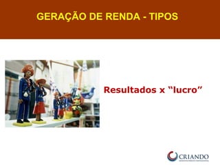 GERAÇÃO DE RENDA - TIPOS
Resultados x “lucro”
 