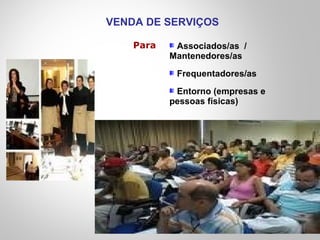 Associados/as /
Mantenedores/as
Frequentadores/as
Entorno (empresas e
pessoas físicas)
VENDA DE SERVIÇOS
Para
 