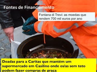 Fontes de Financiamento
Doadas para a Caritas que mantém um
supermercado em Casilino onde os/as sem teto
podem fazer compras de graça
 
