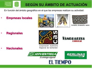 SEGÚN SU ÁMBITO DE ACTUACIÓN Empresas locales   Regionales  Nacionales  En función del ámbito geográfico en el que las empresas realizan su actividad: 
