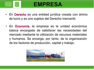 EMPRESA En  Derecho  es una entidad jurídica creada con ánimo de lucro y es uno sujetos del Derecho mercantil.  En  Economía , la empresa es la unidad económica básica encargada de satisfacer las necesidades del mercado mediante la utilización de recursos materiales y humanos. Se encarga, por tanto, de la organización de los factores de producción, capital y trabajo.  