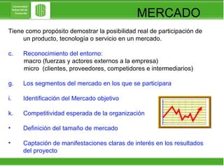 Tiene como propósito demostrar la posibilidad real de participación de un producto, tecnología o servicio en un mercado.  Reconocimiento del entorno:  macro (fuerzas y actores externos a la empresa) micro  (clientes, proveedores, competidores e intermediarios) Los segmentos del mercado en los que se participara  Identificación del Mercado objetivo Competitividad esperada de la organización Definición del tamaño de mercado   Captación de manifestaciones claras de interés en los resultados del proyecto MERCADO 