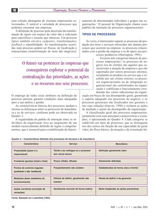 Organização, Recursos Humanos e Planejamento


uma coleção abrangente de sistemas empresariais se-                 namento de determinados indivíduos e grupos nas or-
lecionados. É notável a variedade de processos que                  ganizações.1 O pessoal de Organização chama esses
podemos encontrar nas empresas.                                     padrões de interação de processos organizacionais.
   A definição de processo pela descrição da transfor-
mação de inputs em outputs de valor não é suficiente                TIPOS DE PROCESSOS
para especificar o assunto que interessa. Um processo
típico também envolve endpoints, transformações,                       Às vezes, é interessante separar os processos de pro-
feedback e repetibilidade. As transformações ocorri-                dução dos bens e serviços oferecidos dos demais pro-
das num processo podem ser físicas, de localização e                cessos que ocorrem na empresa: os processos relacio-
transacionais (transformação de itens não tangíveis).               nados com a gestão da empresa e os de apoio aos pro-
                                                                                cessos produtivos (Harrington, 1991).
                                                                                   Existem três categorias básicas de pro-
                                                                                cessos empresariais: 2 os processos de ne-
          O futuro vai pertencer às empresas que                                gócio (ou de cliente) são aqueles que ca-
                                                                                racterizam a atuação da empresa e que são
            conseguirem explorar o potencial da                                 suportados por outros processos internos,
                                                                                resultando no produto ou serviço que é re-
          centralização das prioridades, as ações                               cebido por um cliente externo; os proces-
                                                                                sos organizacionais ou de integração or-
               e os recursos nos seus processos.                                ganizacional são centralizados na organi-
                                                                                zação e viabilizam o funcionamento coor-
                                                                                denado dos vários subsistemas da organi-
O emprego de todos esses atributos na definição do                  zação em busca de seu desempenho geral, garantindo
processo permite garantir condições mais adequadas                  o suporte adequado aos processos de negócio; e os
para a sua análise e gestão.                                        processos gerenciais são focalizados nos gerentes e
   As características básicas dos processos ajudam a                nas suas relações (Garvin, 1998) e incluem as ações
ilustrar as diferenças entre os processos de manufatu-              de medição e ajuste do desempenho da organização.
ra e os de serviços, conforme pode ser observado no                    A classificação geral dos processos empresariais,
Quadro 3.                                                           juntamente com suas principais características e exem-
   A regularidade do padrão de interação entre os in-               plos, é apresentada no Quadro 4. Cada categoria se
divíduos da organização leva ao surgimento de um                    subdivide em tipos de processos, que se distinguem
modelo razoavelmente definido de regras e comporta-                 uns dos outros em função da sua capacidade de gerar
mentos, que é essencial para a estabilização do funcio-             valor, do fluxo básico, da atuação e da orientação bá-


Quadro 3 – Características distintas dos processos de serviços e de manufatura

            Característica                             Serviço                                    Manufatura


  Propriedade (quem é o                 Tende a ser ambígua ou o processo         Definição geralmente clara
  responsável)                          tem vários donos


  Fronteiras (pontos inicial e final)   Pouco nítidas, difusas                    Claramente definidas


  Pontos de controle (regulam           Freqüentemente não existem                Estabelecidos de forma clara e formal
  qualidade e dão feedback)


  Medições (base estatística do         Difíceis de definir, geralmente não       Fáceis de definir e de gerenciar
  funcionamento)                        existem


  Ações corretivas (correção de         Geralmente ocorrem de forma reativa       Muito freqüentes as ações preventivas
  variações)

Fonte: Baseado em Lowenthal (1994).



10                                                                                           RAE • v. 40 • n. 1 • Jan./Mar. 2000
 