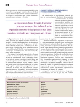 Organização, Recursos Humanos e Planejamento


tários (ocorrem por meio do contato voluntário entre            CARACTERÍSTICAS ESSENCIAIS DOS
os membros do grupo por iniciativa dos envolvidos),             PROCESSOS EMPRESARIAIS
formais (definidos previamente por meio de documen-
tos formais) e coordenados (que exigem times de or-                De maneira geral, os processos nas empresas po-
ganização mais complexa e formal).                              dem ser internos (quando têm início, são executados
                                                                                        e terminam dentro da mesma
                                                                                        empresa) ou externos. Os pro-
                                                                                        cessos podem, também, ser
          As empresas do futuro deixarão de enxergar                                    inter ou intra-organizacionais
                                                                                        (quando envolvem diversas
             processo apenas na área industrial, serão                                  empresas diferentes para a sua
                                                                                        realização). Como já foi men-
    organizadas em torno de seus processos não fabris                                   cionado, os processos empre-
                                                                                        sariais podem também ser ho-
 essenciais e centrarão seus esforços em seus clientes.                                 rizontais e verticais, depen-
                                                                                        dendo da sua orientação bási-
                                                                                        ca com relação à estrutura or-
   Independentemente do tipo de estrutura organiza-             ganizacional da empresa.
cional escolhido pela empresa, algumas atividades im-              A primeira característica importante dos processos
portantes exigirão coordenação entre os departamen-             é a interfuncionalidade. Embora alguns processos se-
tos. Os processos horizontais são processos de infor-           jam inteiramente realizados dentro de uma unidade fun-
mação e decisão criados para a coordenação das ativi-           cional, a maioria dos processos importantes das em-
dades que se espalham por várias unidades organiza-             presas (especialmente os processos de negócio) atra-
cionais (Galbraith, 1995). São essenciais para prover a         vessa as fronteiras das áreas funcionais. Por isso mes-
coordenação lateral necessária para a execução ade-             mo, são conhecidos como processos transversais, transor-
quada dessas atividades.                                        ganizacionais (cross-organizational), interfuncionais ou
   Com relação à capacidade de geração de valor para            interdepartamentais. Também são conhecidos como
o cliente, os processos podem ser primários, quando             processos “horizontais”, já que se desenvolvem orto-
incluem as atividades que geram valor para o cliente,           gonalmente à estrutura “vertical” típica das organiza-
ou de suporte, que são os conjuntos de atividades que           ções estruturadas funcionalmente. Enquanto os times
garantem o apoio necessário ao funcionamento adequa-            verticais correspondem aos componentes funcionais,
do dos processos primários (Martin, 1996). É impor-             geográficos e de produto da empresa, como é o caso da
tante notar que os processos primários são os proces-           equipe de vendas, os times horizontais correspondem
sos de negócio e que os processos organizacionais e os          às pessoas que trabalham nos processos transor-
gerenciais, de acordo com essa definição, são pro-              ganizacionais, como, por exemplo, o processo de
cessos de suporte. O Quadro 6 apresenta exemplos                atendimento de pedidos de clientes.
de processos empresariais genéricos, organizados nas               A segunda característica importante dos proces-
três categorias fundamentais aqui definidas.                    sos de negócio é o fato de que eles têm clientes


Quadro 5 – Exemplos de processos característicos de algumas indústrias

     Processo genérico                                                                 Indústria


     Processamento de pedido de empréstimo                       Bancos
     Atendimento de sinistro                                     Seguros
     Alocação de verbas orçamentárias                            Governo
     Retorno de mercadoria                                       Varejo
     Preparação de refeições                                     Restaurantes
     Manejo de bagagem                                           Linha aérea
     Serviço de telefonista                                      Telecomunicações
     Serviço de reservas                                         Hotéis

Fonte: Adaptado de Rummler e Brache (1990).



12                                                                                      RAE • v. 40 • n. 1 • Jan./Mar. 2000
 