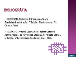  CHIAVENATO,Idalberto. Introdução á Teoria
Geral da Administração. 7º Edição. Rio de Janeiro: Ed.
Campus, 2003.

  MAXIMIANO, Antonio César Amaru. Teoria Geral da
Administração: da Revolução Urbana à Revolução Digital.
6º Edição. 5º Reimpressão. São Paulo: Atlas, 2009.
 