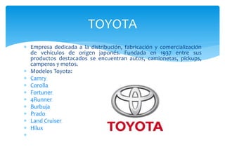  Empresa dedicada a la distribución, fabricación y comercialización
de vehículos de origen japonés. Fundada en 1937 entre sus
productos destacados se encuentran autos, camionetas, pickups,
camperos y motos.
 Modelos Toyota:
 Camry
 Corolla
 Fortuner
 4Runner
 Burbuja
 Prado
 Land Cruiser
 Hilux

TOYOTA
 