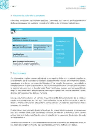 | 188 |                                                                                  Capítulo 2
                                                                       EXPERIENCIAS EMPRESARIALES




7. Cadena de valor de la empresa

En cuanto a la cadena de valor que propone Comunitae, esta se basa en un acatamiento
de los procesos por los cuales se vehicula el crédito en las entidades tradicionales.


          FIGURA 13




   Programa «moral»:
   Liberalizar la decisión de inversión
                                                           ABARATAMIENTO

   Modelo de negocio:            Innovación tecnológica:   O COSTES:
   Mercado desintermediado       Aprovechamiento
                                 mundo internet            MERCADO

   Gestión eficaz:                                         RENTABLE,
   Evaluación de riesgos
                                                           SENCILLO

   Ventaja en precios/intereses:                           Y ÁGIL
   Reinversión de la desintermediación
   en mejora del beneficio del prestamista




7. Conclusiones

Con Comunitae nos hemos acercado desde la perspectiva de las economías de base huma-
na al territorio de la financiación, un sector especialmente sensible en el momento actual,
tocado por una de sus peores crisis históricas. Este estudio de caso nos ha ayudado a
comprender que existen posturas éticas y económicas sostenidas en principios relativamen-
te tradicionales, como es el liberalismo de Adam Smith, que pueden aportar una visión de
negocio muy innovadora a la vez que asumen algunos principios básicos de lo que hemos
definido como economías de base humana.

En especial, Comunitae es un ejemplo muy interesante de humanización de la relación
con los agentes externos, en concreto con sus clientes, ya que al desintermediar el merca-
do de la financiación provee a los actores particulares de un poder de decisión que hasta
entonces era inaudito.

Es además un buen ejemplo de cómo la cultura del emprendimiento puede entroncar con
toda esta línea de producción de bienes y servicios basados en lo humano, a partir de una
actitud que afronta los desafíos del entorno respetando la capacidad de decisión de cada
actor económico.

En definitiva, Comunitae nos ha enseñado a valorar alternativas eficaces, aunque en la actua-
lidad solo se pongan en marcha a pequeña escala, al mercado financiero actual.
 