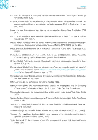 | 320 |                                                                               Capítulo 4
                                                                                  BIBLIOGRAFÍA




Lin, Nan. Social capital. A theory of social structure and action. Cambridge: Cambridge
     University Press, 2002

Lloveras, Eli, Martínez, Rubén, Piazuelo, Clara y Rowan, Jaron. Innovación en cultura. Una
     aproximación crítica a la genealogía y usos del concepto. Madrid: Traficantes de sue-
     ños, 2009.

Long, Norman. Development sociology: actor perspectives. Nueva York: Routledge, 2001,
    p. 13.

Marx, Carlos, El capital. Crítica de la economía política, vol. 1. México: Fondo de Cultura
    Económica, 1974 [1867].

Mauss, Marcel. «Ensayo sobre los dones. Motivo y forma del cambio en las sociedades pri-
    mitivas», en Sociología y antropología, Tecnos, Madrid, 1979 [1924], pp. 153-263.

Mayo, Elton. Human Problems of an Industrial Civilisation. Nueva York: Routledge, 2007
    [1933].

Mintz, Sidney (2006) Introduction, en Wilk, Richard (ed.) (2006) Fast Food/Slow Food. The
    Cultural Economy of the Global Food System. Altamira Press.

Onfray, Michel. Política del rebelde. Tratado de resistencia e insumisión. Barcelona: Ana-
    grama, 2011, p. 121.

Rey, Amalio y Salido, María Jesús. La wikiempresa. Explorando modelos abiertos y partici-
     pativos para la empresa en red. http://www.emotools.com/static/upload/files/wiki_empre-
     sa.pdf consultado el 8 de noviembre de 2011.

Reygadas, Luis. Ensamblando culturas. Diversidad y conflicto en la globalización de la indus-
    tria, Barcelona: Gedisa, 2002.

Rifkin, Jeremy. La era del acceso. Barcelona: Paidós, 2002.

Ritzer, George (1996) The McDonaldization of Society. An Investigation into the Changing
     Character of Contemporary Social Life. Thousand Oaks, CA: Pine Forge Press.

Ross, Andrew. No-collar: the human workplace and its hidden costs. Nueva York: Basic Books,
    2003.

Sassen, Saskia, Cities in a world economy. Thousand Oaks, London, New Delhi: Pine Forge
    Press, 2000.

Selznick, P. Leadership in Administration. A Sociological Interpretation. New York, NY:
    Harper & Row, 1957

Simmel, George. Filosofía del dinero. Madrid: Instituto de Estudios Políticos, 1977 [1900].

Tapscott, Don y Williams, Anthony. Wikinomics. La nueva economía de las multitudes inte-
    ligentes. Barcelona: Bolsillo Paidós, 2009.

Taylor, Frederick W. The principles of scientific management. Nueva York: Cosimo Classics,
     2006 [1911].
 