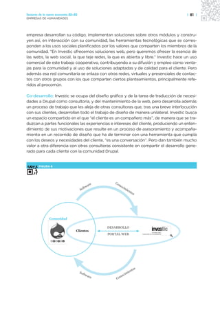 Sectores de la nueva economía 20+20                                                   | 81 |
EMPRESAS DE HUMANIDADES




empresa desarrollan su código, implementan soluciones sobre otros módulos y constru-
yen así, en interacción con su comunidad, las herramientas tecnológicas que se corres-
ponden a los usos sociales planificados por los valores que comparten los miembros de la
comunidad. “En Investic ofrecemos soluciones web, pero queremos ofrecer la esencia de
las webs, la web social, la que teje redes, la que es abierta y libre.” Investic hace un uso
comercial de este trabajo cooperativo, contribuyendo a su difusión y empleo como venta-
jas para la comunidad y al uso de soluciones adaptadas y de calidad para el cliente. Pero
además esa red comunitaria se enlaza con otras redes, virtuales y presenciales de contac-
tos con otros grupos con los que comparten ciertos planteamientos, principalmente refe-
ridos al procomún.

Co-desarrollo: Investic se ocupa del diseño gráfico y de la tarea de traducción de necesi-
dades a Drupal como consultoría, y del mantenimiento de la web, pero desarrolla además
un proceso de trabajo que les aleja de otras consultoras que, tras una breve interlocución
con sus clientes, desarrollan todo el trabajo de diseño de manera unilateral. Investic busca
un espacio compartido en el que “el cliente es un compañero más”, de manera que se tra-
duzcan a partes funcionales las experiencias e intereses del cliente, produciendo un enten-
dimiento de sus motivaciones que resulte en un proceso de asesoramiento y acompaña-
miento en un recorrido de diseño que ha de terminar con una herramienta que cumpla
con los deseos y necesidades del cliente, “es una conversación”. Pero dan también mucho
valor a otra diferencia con otras consultoras consistente en compartir el desarrollo gene-
rado para cada cliente con la comunidad Drupal.


        FIGURA 6




                                                     Co
                                            are        no
                                                           cim
                                         ftw
                                      So                       ien
                                                                    tos




               Comunidad

                                                  DESARROLLO
                                  Clientes
                                                  PORTAL WEB




                                                                     tos
                                      Sof                       mien
                                         twa
                                            re            n oci
                                                      Co
 