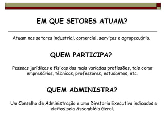Atuam nos setores industrial, comercial, serviços e agropecuário.  QUEM PARTICIPA?   Pessoas jurídicas e físicas das mais variadas profissões, tais como: empresários, técnicos, professores, estudantes, etc.    Um Conselho de Administração e uma Diretoria Executiva indicados e eleitos pela Assembléia Geral.  EM QUE SETORES ATUAM? QUEM ADMINISTRA? 