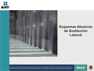 Esquemas Abusivos
                                                                                                              de Sustitución
                                                                                                                 Laboral




     La presente información se encuentra clasificada como reservada de conformidad con el artículo 14, fracción II de la Ley Federal de
     Transparencia y Acceso a la Información Pública Gubernamental, en correlación con el artículo 69 del Código Fiscal de la Federación.
10
 