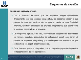 Esquemas de evasión

        EMPRESAS INTEGRADORAS

             Con la finalidad de evitar que las empresas tengan operaciones
                  directamente con una sociedad cooperativa, los asesores ofrecen a sus
                  clientes facturar los servicios de personal a través de una Sociedad
                  Anónima, que tiene el carácter de empresa integradora y que opera entre
                  la sociedad cooperativa y la empresa.

             La integradora agrupa, a su vez, a sociedades cooperativas, sociedades
                  en nombre colectivo, sociedades de solidaridad social, que tienen el
                  carácter de empresas integradas y que son las personas morales a las que
                  se transfiere (en papel) a los trabajadores.

             Cabe destacar que ni la integradora ni sus integradas pagan los impuestos
                  correspondientes de sus operaciones.

     La presente información se encuentra clasificada como reservada de conformidad con el artículo 14, fracción II de la Ley Federal de
     Transparencia y Acceso a la Información Pública Gubernamental, en correlación con el artículo 69 del Código Fiscal de la Federación.
17
 