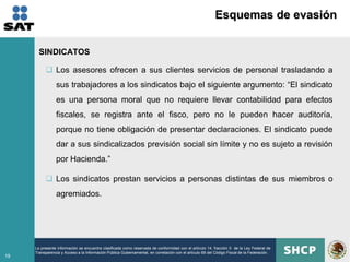 Esquemas de evasión


       SINDICATOS

           Los asesores ofrecen a sus clientes servicios de personal trasladando a
                sus trabajadores a los sindicatos bajo el siguiente argumento: “El sindicato
                es una persona moral que no requiere llevar contabilidad para efectos
                fiscales, se registra ante el fisco, pero no le pueden hacer auditoría,
                porque no tiene obligación de presentar declaraciones. El sindicato puede
                dar a sus sindicalizados previsión social sin límite y no es sujeto a revisión
                por Hacienda.”

           Los sindicatos prestan servicios a personas distintas de sus miembros o
                agremiados.




     La presente información se encuentra clasificada como reservada de conformidad con el artículo 14, fracción II de la Ley Federal de
     Transparencia y Acceso a la Información Pública Gubernamental, en correlación con el artículo 69 del Código Fiscal de la Federación.
19
 