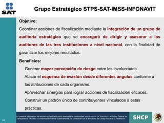 Grupo Estratégico STPS-SAT-IMSS-INFONAVIT

        Objetivo:
        Coordinar acciones de fiscalización mediante la integración de un grupo de
        auditoria estratégico que se encargará de dirigir y asesorar a los
        auditores de las tres instituciones a nivel nacional, con la finalidad de
        garantizar los mejores resultados.

        Beneficios:
              Generar mayor percepción de riesgo entre los involucrados.
              Atacar el esquema de evasión desde diferentes ángulos conforme a
              las atribuciones de cada organismo.
              Aprovechar sinergias para lograr acciones de fiscalización eficaces.
              Construir un padrón único de contribuyentes vinculados a estas
              prácticas.
     La presente información se encuentra clasificada como reservada de conformidad con el artículo 14, fracción II de la Ley Federal de
     Transparencia y Acceso a la Información Pública Gubernamental, en correlación con el artículo 69 del Código Fiscal de la Federación.
24
 