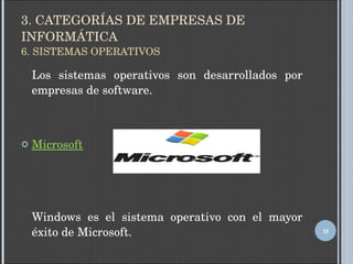 3. CATEGORÍAS DE EMPRESAS DE INFORMÁTICA 6. SISTEMAS OPERATIVOS Los sistemas operativos son desarrollados por empresas de software. Microsoft   Windows es el sistema operativo con el mayor éxito de Microsoft. 