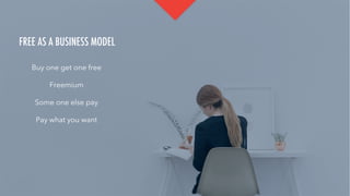 FREE AS A BUSINESS MODEL

Buy one get one free
Freemium
Some one else pay
Pay what you want
 