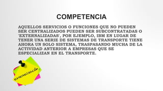 COMPETENCIA
AQUELLOS SERVICIOS O FUNCIONES QUE NO PUEDEN
SER CENTRALIZADOS PUEDEN SER SUBCONTRATADAS O
'EXTERNALIZADAS', POR EJEMPLO, IBM EN LUGAR DE
TENER UNA SERIE DE SISTEMAS DE TRANSPORTE TIENE
AHORA UN SOLO SISTEMA, TRASPASANDO MUCHA DE LA
ACTIVIDAD ANTERIOR A EMPRESAS QUE SE
ESPECIALIZAN EN EL TRANSPORTE.
 