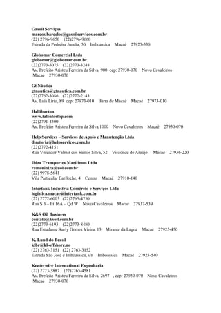 Gasoil Serviços
marcos.barcelos@gasoilservicos.com.br
(22) 2796-9650 (22)2796-9660
Estrada da Pedreira Jundia, 50 Imboassica Macaé 27925-530
Globomar Comercial Ltda
globomar@globomar.com.br
(22)2773-5075 (22)2773-3248
Av. Prefeito Aristeu Ferreira da Silva, 900 cep: 27930-070 Novo Cavaleiros
Macaé 27930-070
Gt Náutica
gtnautica@gtnautica.com.br
(22)2762-3086 (22)2772-2143
Av. Luís Lírio, 89 cep: 27973-010 Barra de Macaé Macaé 27973-010
Halliburton
www.talentostop.com
(22)2791-4300
Av. Prefeito Aristeu Ferreira da Silva,1000 Novo Cavaleiros Macaé 27930-070
Help Services – Serviços de Apoio e Manutenção Ltda
diretoria@helpservicos.com.br
(22)2772-4151
Rua Vereador Valmir dos Santos Silva, 52 Visconde de Araújo Macaé 27936-220
Ibiza Transportes Marítimos Ltda
ramonibiza@uol.com.br
(22) 9978-5641
Vila Particular Bariloche, 4 Centro Macaé 27910-140
Intertank Indústria Comércio e Serviços Ltda
logistica.macae@intertank.com.br
(22) 2772-6005 (22)2765-4750
Rua S 3 – Lt 16A – Qd W Novo Cavaleiros Macaé 27937-539
K&S Oil Business
contato@ksoil.com.br
(22)2773-6193 (22)2773-8480
Rua Estudante Suely Gomes Vieira, 13 Mirante da Lagoa Macaé 27925-450
K. Lund do Brasil
klbr@kl-offshore.no
(22) 2763-3151 (22) 2763-3152
Estrada São José e Imboassica, s/n Imboassica Macaé 27925-540
Kenterwire International Engenharia
(22) 2773-3887 (22)2765-4581
Av. Prefeito Aristeu Ferreira da Silva, 2697 , cep: 27930-070 Novo Cavaleiros
Macaé 27930-070
 