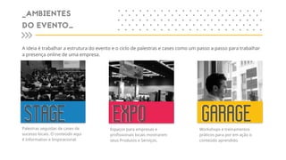 EXPO GARAGE
Palestras seguidas de cases de
sucesso locais. O conteúdo aqui
é Informativo e Inspiracional.
Espaços para empresas e
profissionais locais mostrarem
seus Produtos e Serviços.
Workshops e treinamentos
práticos para por em ação o
conteúdo aprendido.
STAGE
_AMBIENTES
DO EVENTO_
A ideia é trabalhar a estrutura do evento e o ciclo de palestras e cases como um passo a passo para trabalhar
a presença online de uma empresa.
+ + + + + + + + + + + + + + + ++
+ + + + + + + + + + + + + + + +
+ + + + + + + + + + + + + + + ++
+ + + + + + + + + + + + + + + +
+ + + + + + + + + + + + + + + ++
+ +
+ +
+ +
+ +
+ +
+ +
+ +
+ +
+ +
+ +
STAGE EXPO GARAGE
 