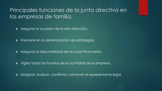 Principales funciones de la junta directiva en
las empresas de familia.
 Asegurar la sucesión de la alta dirección.
 Int...