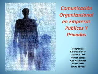 Comunicación 
Organizacional 
en Empresas 
Públicas Y 
Privadas 
Integrantes: 
Karina Dacosta 
Rosrainis Lara 
Wilmer Borras 
José Hernández 
Henry Mora 
Ysniro Bogadi 
 
