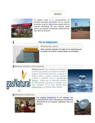 Ejemplo 2
Su objetivo social es la comercialización de
productos derivados del Petróleo. Por su volumen
de ventas, ocupó en 1986 el tercer puesto entre las
mayores Gasolineras del país. Además ofrece
servicio de Lubricado, pulverizado y Balanceado de
toda clase de vehículos.
Por la Integración
EMPRESAS DEL CAPITAL
Estas empresas dependen del origen de las aportaciones de
su capital y del carácter a quienes dirijan sus actividades.
EMPRESAS UNIVERSAL O MULTINACIONAL
Multinacional: Son empresas generalmente
grandes cuyo capital es en mayoría extranjero
respecto al país donde funcionen, y operan en
distintos países y pueden mantener distintos
nombres o empresas como la española Gas
Natural – Fenosa que en Colombia funciona
con Electricaribe, Aguas de La Guajira, entre
otras entidades. Es un claro ejemplo de la
globalización, p. ej. Nestlé, Alpina, Repsol.
EMPRESAS PLURIPERSONAL
Una empresa pluripersonal es una empresa cuyo
capital pertenece a dos o más personas. Se diferencia
básicamente de una empresa unipersonal (sólo una
persona).
 
