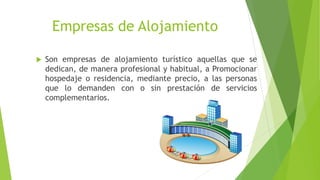 Empresas de Alojamiento
 Son empresas de alojamiento turístico aquellas que se
dedican, de manera profesional y habitual, a Promocionar
hospedaje o residencia, mediante precio, a las personas
que lo demanden con o sin prestación de servicios
complementarios.
 
