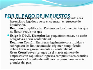 POR EL PAGO DE IMPUESTOS a las
 Sucesiones líquidas: En este grupo corresponde
  herencias o legados que se encuentran en proceso de
  liquidación.
  Régimen Simplificado: Pertenecen los comerciantes que
  no llenan requisitos que
 Exige la DIAN. Ejemplo: Las pequeñas tiendas, no están
  obligados a llevar contabilidad.
  Régimen Común: Empresas legalmente constituidas y
  sobrepasan las limitaciones del régimen simplificado,
  deben llevar organizadamente su contabilidad.
  Gran Contribuyente: Agrupa el mayor número de
  empresas con capitales e ingresos compuestos en cuantías
  superiores a los miles de millones de pesos. Son las más
  grandes del país.
 