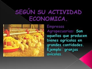 SEGÚN SU ACTIVIDAD ECONOMICA.Empresas Agropecuarias: Son aquellas que producen bienes agrícolas en grandes cantidades. Ejemplo: granjas avícolas.