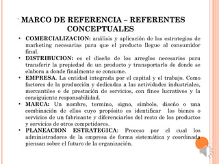 · MARCO DE REFERENCIA – REFERENTESMARCO DE REFERENCIA – REFERENTES
CONCEPTUALESCONCEPTUALES
• COMERCIALIZACION: análisis y aplicación de las estrategias de
marketing necesarias para que el producto llegue al consumidor
final.
• DISTRIBUCION: es el diseño de los arreglos necesarios para
transferir la propiedad de un producto y transportarlo de donde se
elabora a donde finalmente se consume.
• EMPRESA. La entidad integrada por el capital y el trabajo. Como
factores de la producción y dedicadas a las actividades industriales,
mercantiles o de prestación de servicios, con fines lucrativos y la
consiguiente responsabilidad.
• MARCA: Un nombre, termino, signo, símbolo, diseño o una
combinación de ellos cuyo propósito es identificar los bienes o
servicios de un fabricante y diferenciarlos del resto de los productos
y servicios de otros competidores.
• PLANEACION ESTRATEGICA: Proceso por el cual los
administradores de la empresa de forma sistemática y coordinada
piensan sobre el futuro de la organización.  
 