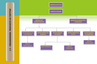 1.3–ORGANIGRAMAPROPUESTODETOPYTOP
GERENCIA EJECUTIVA
GERENCIA GENERAL
GERENCIA DE
ADMINISTRACION
GERENCIA DE PROYECTOS Y
TECNOLOGIA
DEPARTAMENTO DE
LOGISTICA
DEPARTAMENTO DE
CONTABILIDAD
DEPARTAMENTO
DE VENTAS
DEPARTAMENTO DE
R.R.H.H.
DEPARTAMENTO
DE MARKETING
AREA DE
PRESUPUESTOS
AREA COMERCIAL AREA DE
PUBLICIDAD
AREA DE
PRODUCCION
 