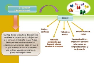 OFRECE
Mejora
continua. Trabajo en
equipo
Minimización de
costosTopytop busca una cultura de excelencia
basada en el respeto entre trabajadores
y el personal de más alto rango. Ya que
la empresa es familiar sostiene un
empuje que viene desde abajo en base a
un gran esfuerzo el cual se plasma en
una serie de valores que marcan la
pauta de la organización.
Individuos
competentes que
forman la columna
vertebral de la empresa
La capacitación es
importante para que
cada uno de los
empleados crezca y
se desarrolle
 