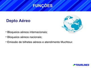 Depto Aéreo Bloqueios aéreos internacionais; Bloqueios aéreos nacionais; Emissão de bilhetes aéreos e atendimento Muchtour. FUNÇÕES 