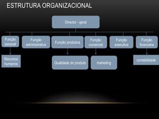 ESTRUTURA ORGANIZACIONAL

                                  Director - geral



Função       Função                                   Função           Função         Função
pessoal                     Função produtiva
           administrativa                            comercial        executiva     financeira


Recursos                                                                          contabilidade
humanos                     Qualidade do produto          marketing
 