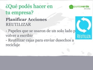 Planificar Acciones
REUTILIZAR
- Papeles que se usaron de un solo lado para
volver a escribir
- Reutilizar cajas para enviar desechos a
reciclaje
¿Qué podés hacer en
tu empresa?
 