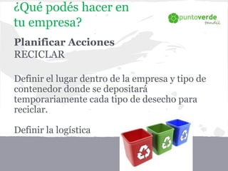 Planificar Acciones
RECICLAR
Definir el lugar dentro de la empresa y tipo de
contenedor donde se depositará
temporariamente cada tipo de desecho para
reciclar.
Definir la logística
¿Qué podés hacer en
tu empresa?
 