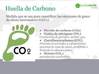 Huella de Carbono
Medida que se usa para cuantificar las emisiones de gases
de efecto invernadero (GEI’s)
● Dióxido de carbono (CO2)
● Óxidos de nitrógeno (NOx)
Combustión de petróleo, carbón, gas,
● Clorofluorocarbonos (CFC)
Presente en aerosoles y refrigerantes,
amenaza la capa de ozono, prohibido o
limitado en algunos países
● Metano (CH4)
putrefacción anaeróbica
 